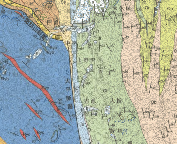 地質図幅の例（5万分の1地質図幅「三峰」の一部）